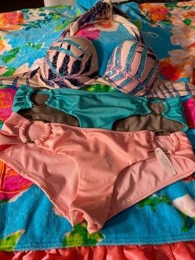 Victoria's Secret Pastel Halter Bikini Set - Pink, Teal, Beige, Navy